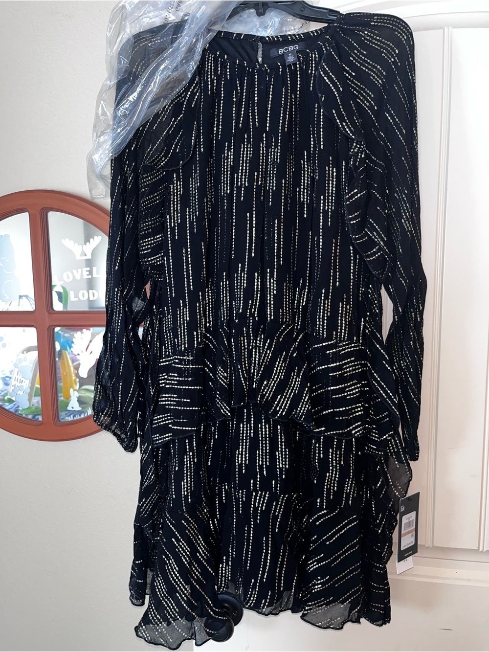 BCBG Black Dress with Gold Dot Stripe Long Sleeves